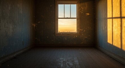 Sunset View Abandoned Room - A single room in an abandoned building with peeling paint, hardwood floors, and a window showing a vibrant sunset