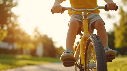 Child on a Yellow Bicycle: Sunny Ride. Focus on the front tire and hands, symbolizing freedom, play, and outdoor fun. Adventure awaits on two wheels!