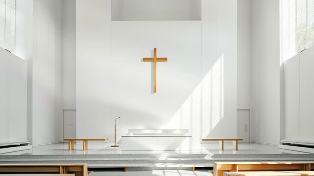 Modern Church Interior with Wooden Cross and Benches