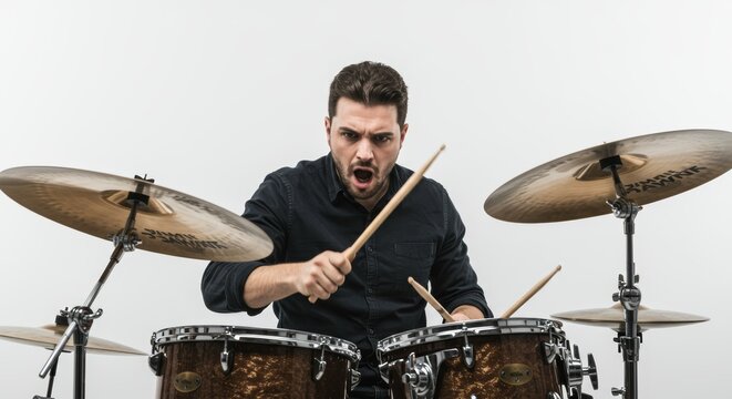 Passionate Drummer Playing Drums with Intensity