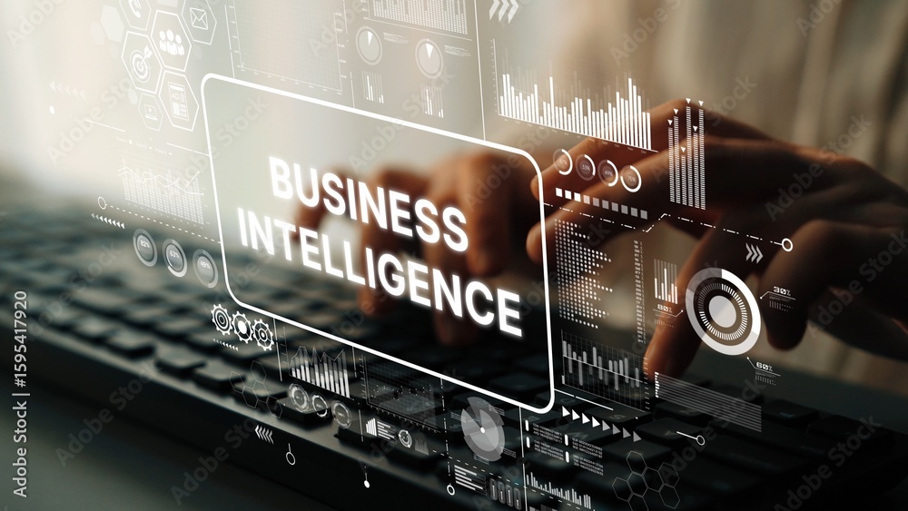 Poster hands typing on a keyboard with abstract business intelligence data visualizations on a digital inte