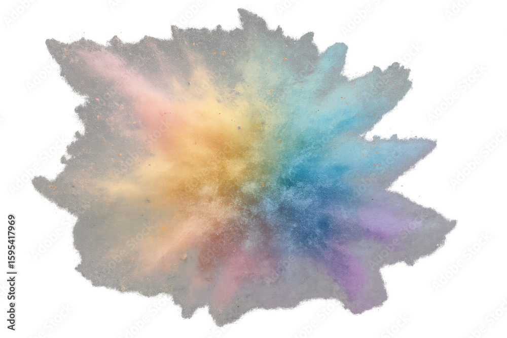 Poster multicolored powder particles exploding, creating a vibrant cloud on a transparent background, perfe