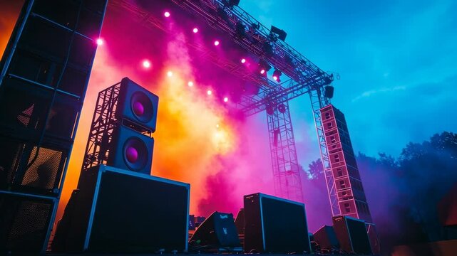 Outdoor concert stage with audio equipment and colored lighting