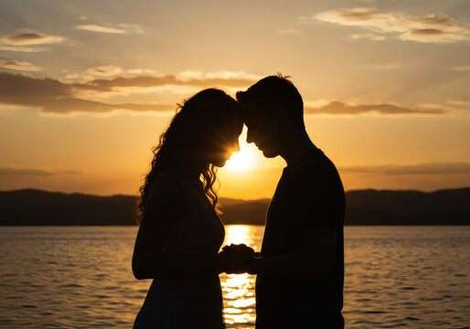 Silhouette of Couple at Sunset, Holding Hands and Foreheads Together