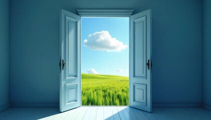 Open double doors reveal rich green field with blue sky and clouds. Interior room with painted blue walls and wooden floor frames outdoor nature scene. Concept of freedom, new beginnings, and escape.