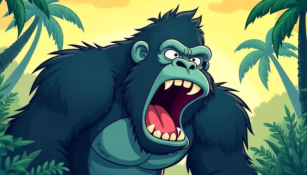 An aggressive cartoon gorilla with its mouth wide open roars fiercely in the lush tropical jungle among tall palm trees.