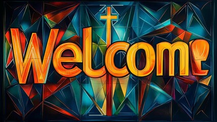 Welcome Sign with Stained Glass Background and Cross - Powered by Adobe