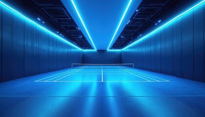 Futuristic indoor padel tennis court illuminated with vibrant blue lights. Sleek, polished surface reflects dynamic lighting, creating modern, clean atmosphere. Empty court ready for competitive