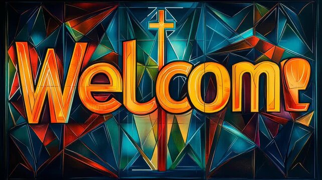 Welcome Sign with Stained Glass Background and Cross