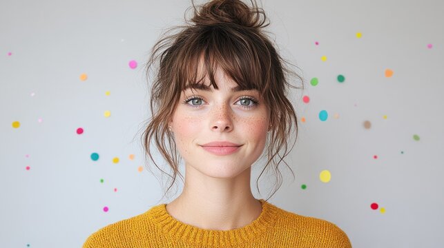 Portrait of a Young Woman with Bangs and Messy Bun, Confetti Background