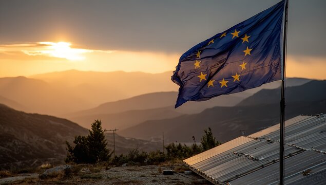 European Union Flag with Solar Panels and Mountain Landscape at Sunset – Renewable Energy Concept in Europe