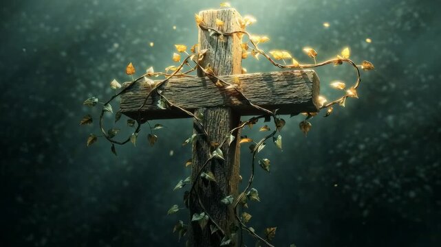 Wooden Cross with Glowing Vine