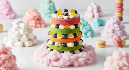 Layered Cake with Macarons and Cotton Candy, A Vibrant Dessert Photography