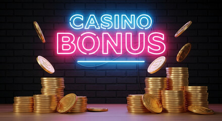 Neon Casino Bonus sign above stacks of gold coins on wooden surface against brick wall background, symbolizing gambling winnings and rewards
