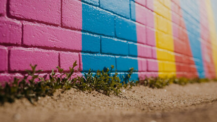 Fototapeta premium A vibrant, low-angle shot of a weathered brick wall covered in bright, bold graffiti art, featuring large blocks of colors like pink, blue, yellow, and red, with small weeds growing at the base