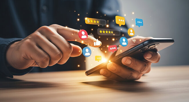 Engaging Customer Feedback: Man Using Smartphone for Online Reviews, Ratings, and Social Media Engagement for Business Growth and Customer Satisfaction