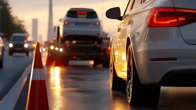 A roadside emergency scene with hazard cones and a tow truck loading a white car, ensuring highway traffic safely detours.