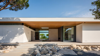 Modern house with a minimalist design and a rock garden