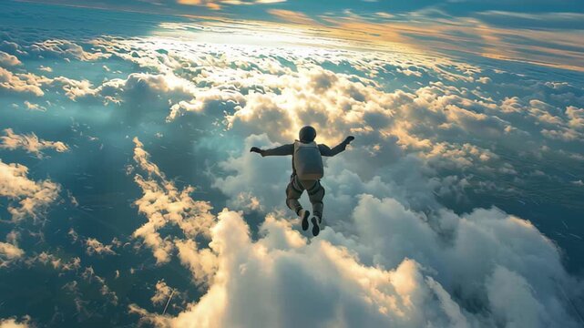 Skydiver leaps from aircraft into a cloud-filled sky during a bright afternoon