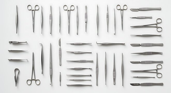 Top view flat lay of a large collection of surgical instruments meticulously arranged on a sterile white background.