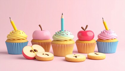 Whimsical Cupcakes with Pencils and Apples: Playful Food Art on Pink