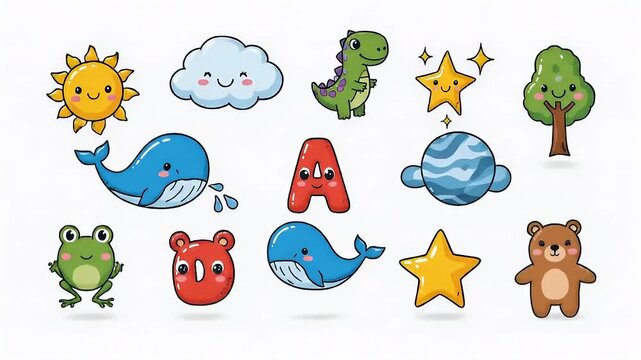 Colorful cartoonstyle illustrations of sun cloud dinosaur  more arranged on a white background