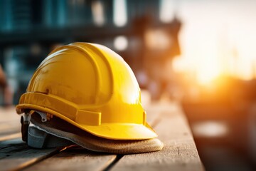 A yellow construction helmet resting on a wooden surface with a blurred industrial background bathed in warm sunlight.