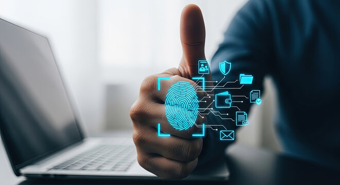 Secure Biometric Authentication: Fingerprint Scan for Digital Security & Data Protection on Laptop - Modern Technology for Business & Personal Use