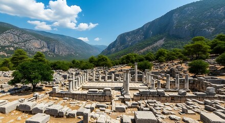Obraz premium Panoramic view of the ancient Delphi ruins in Greece under a blue sky with clouds showcases