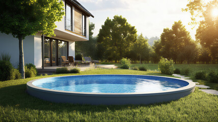 Pool deck above ground oval swimming pool with blue water. Sunlit semi-ingroup portable swimming pool in the garden
