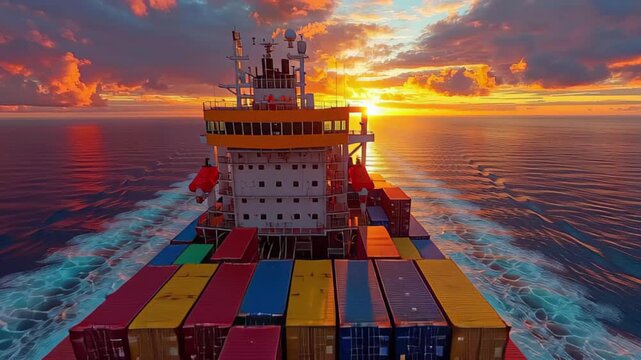 Bright sunset over a cargo ship navigating through calm ocean waters filled with colorful shipping containers