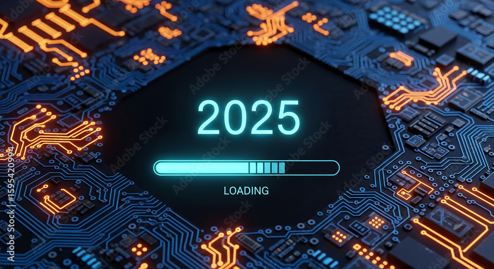 Fototapete close-up of circuit board with glowing blue and orange lines, displaying 