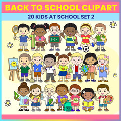 Kids at School Set 2 | Full Body Clipart Collection &ndash; 20 cute school kids in various activities. Great for back to school resources, worksheets, posters, and classroom decor.