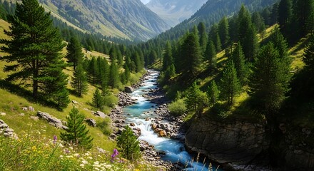 Scenic alpine river landscape with lush forests and majestic mountains perfect for nature