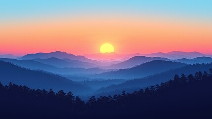 Obraz premium Serene Sunset over Majestic Mountains: A breathtaking panorama of layered mountains bathed in the warm hues of a setting sun, creating a tranquil and awe-inspiring scene.