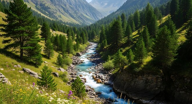Scenic alpine river landscape with lush forests and majestic mountains perfect for nature