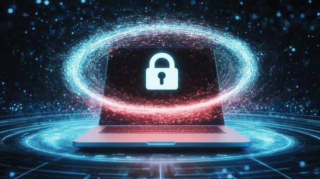 Modern laptop graphic illustrating cyber security with floating padlock and digital waves - Powered by Adobe