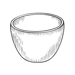Bowl black white vector illustration isolated on white. Kitchen utensil of wood, empty deep dish hand drawn outline. Empty bowl for cookbook, recipe, berry collection, food label, packaging.