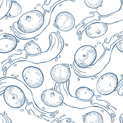 Acai berries on juice splash monochrome vector seamless pattern isolated on white. Exotic amazon fresh berries, tropical fruit hand drawn repeated background for wrapping, packaging, textile.