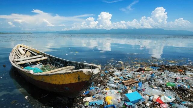Environmental Pollution: A desolate coastal scene reveals an abandoned boat surrounded by a sea of discarded plastic waste under a bright, cloud-filled sky. Evoking concern for the planet