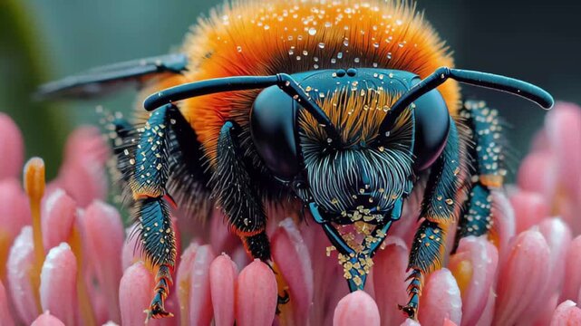 Bumblebee collecting pollen from vibrant pink flowers during a sunny afternoon in a lush garden