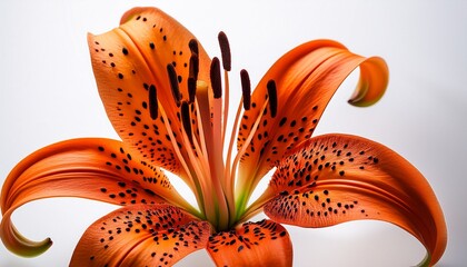 vibrant orange tiger lily flower with dark spots sharply focused against a bright white background rich colors bring nature indoors