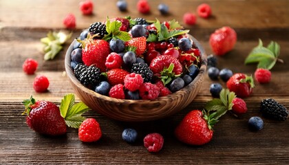 bowl overflowing with fresh summer berries sitting on rustic wooden table