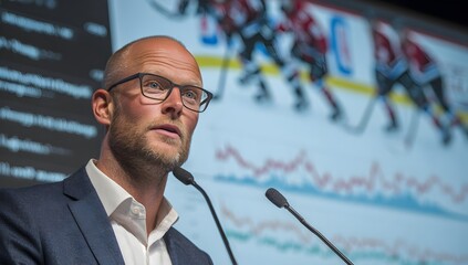 Business professional giving a presentation on hockey analytics, with performance charts and action images of players in the background.