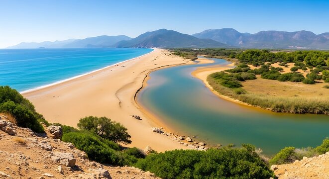 Stunning coastal landscape featuring a turquoise river meeting a sandy beach with distant mountains - Powered by Adobe
