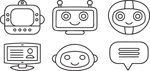AI chatbot icons, virtual assistant tools, chat window, AI head, automated reply, voice input option, support bot, response bubble, futuristic tech UI pack