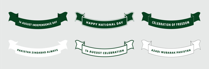 Set of Pakistan Independence Day Ribbon Banner Designs with Green White Typography and Patriotic Celebration Quotes