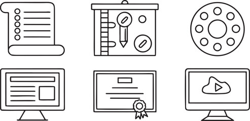 Modern education icons, online learning system, video lecture screen, exam sheet, test form, certificate badge, course progress, academic forum layout