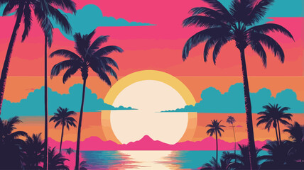 Fototapeta premium Retro 80s-style sunset with palm trees and bold typography – vibrant colors, nostalgic aesthetic 3