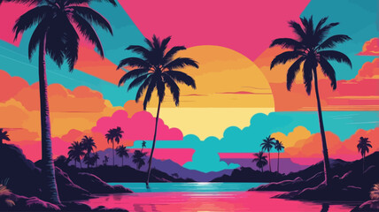 Obraz premium Retro 80s-style sunset with palm trees and bold typography – vibrant colors, nostalgic aesthetic 4